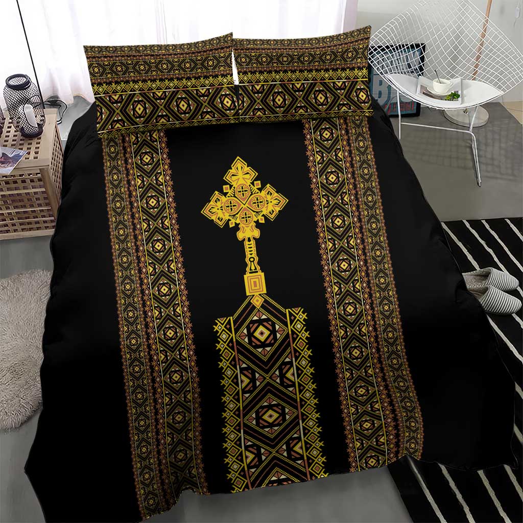 Habesha Motifs Ethiopia Bedding Set Tilet Black Gold