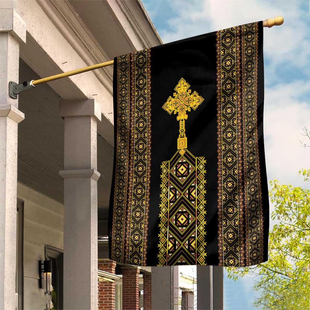 Habesha Motifs Ethiopia Garden Flag Tilet Black Gold