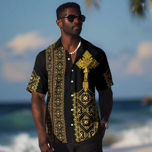 Habesha Motifs Ethiopia Hawaiian Shirt Tilet Black Gold