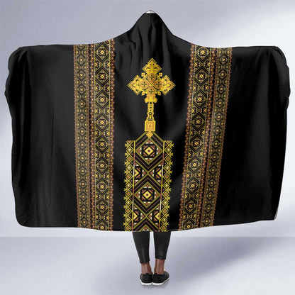 Habesha Motifs Ethiopia Hooded Blanket Tilet Black Gold