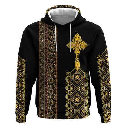 Habesha Motifs Ethiopia Hoodie Tilet Black Gold