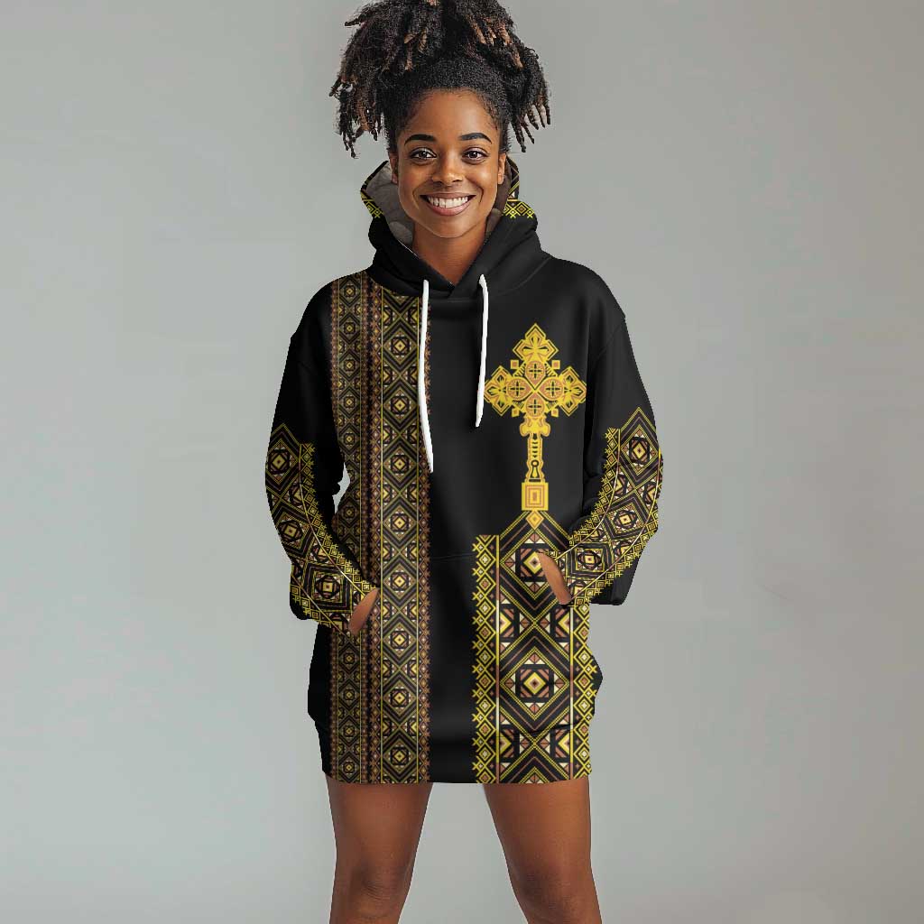 Habesha Motifs Ethiopia Hoodie Dress Tilet Black Gold