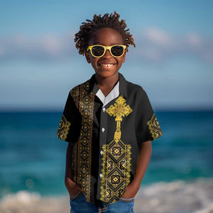 Habesha Motifs Ethiopia Kid Hawaiian Shirt Tilet Black Gold