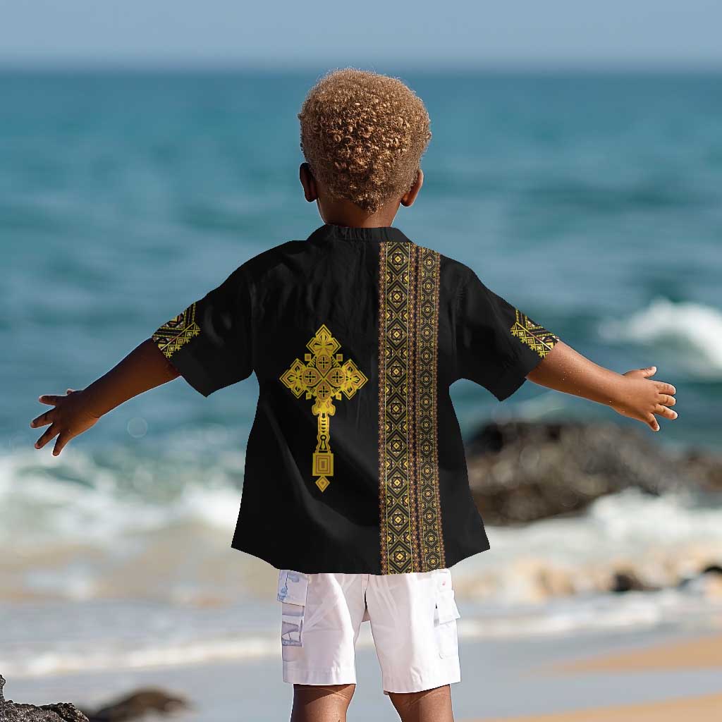 Habesha Motifs Ethiopia Kid Hawaiian Shirt Tilet Black Gold