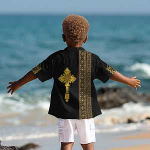 Habesha Motifs Ethiopia Kid Hawaiian Shirt Tilet Black Gold