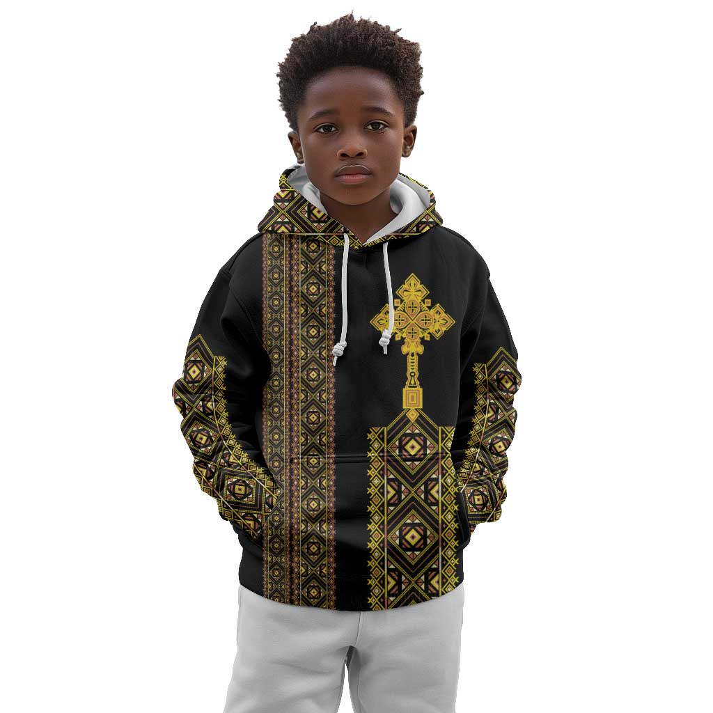 Habesha Motifs Ethiopia Kid Hoodie Tilet Black Gold