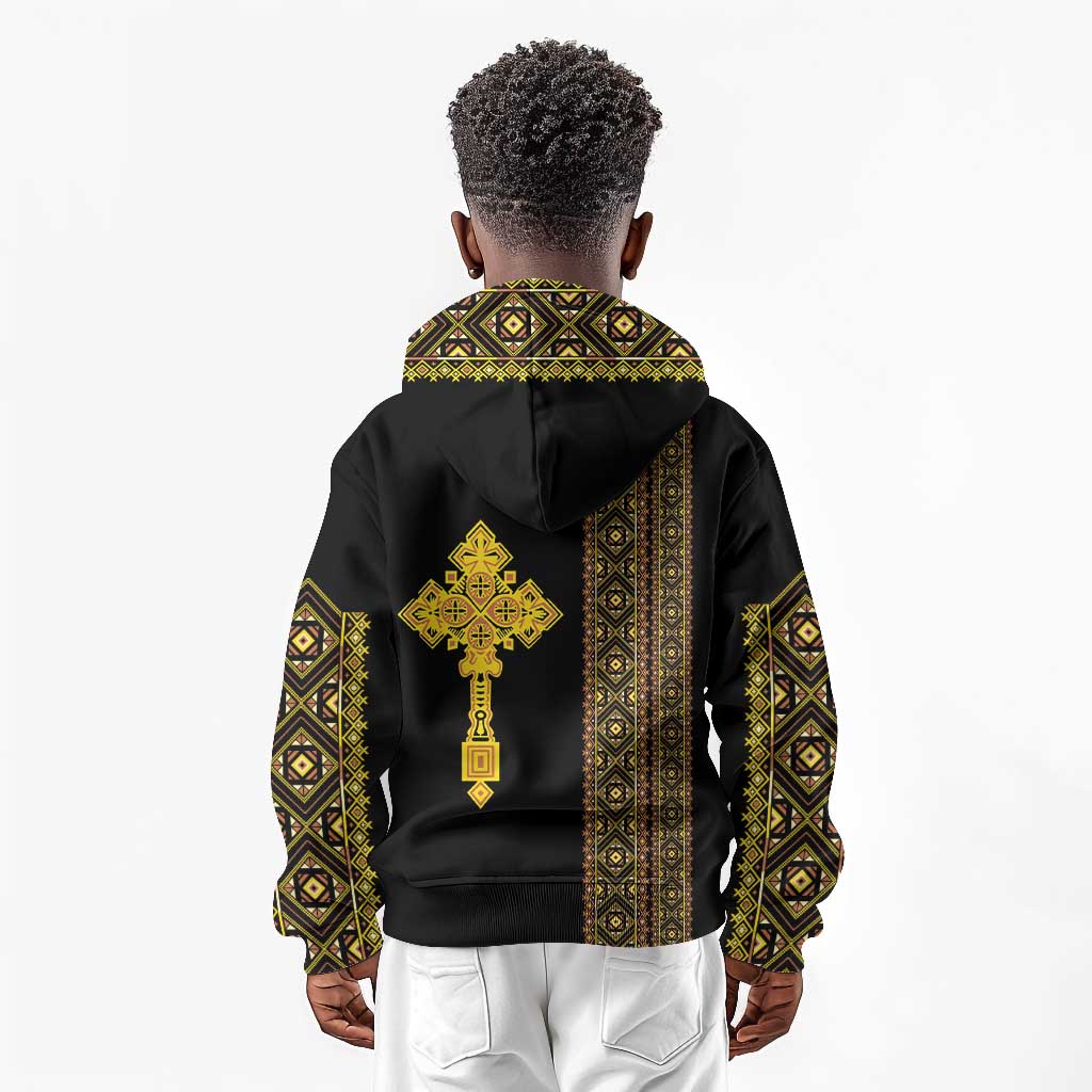 Habesha Motifs Ethiopia Kid Hoodie Tilet Black Gold