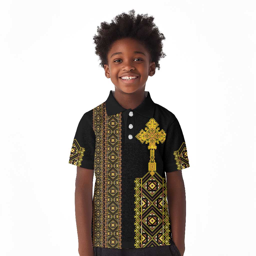 Habesha Motifs Ethiopia Kid Polo Shirt Tilet Black Gold