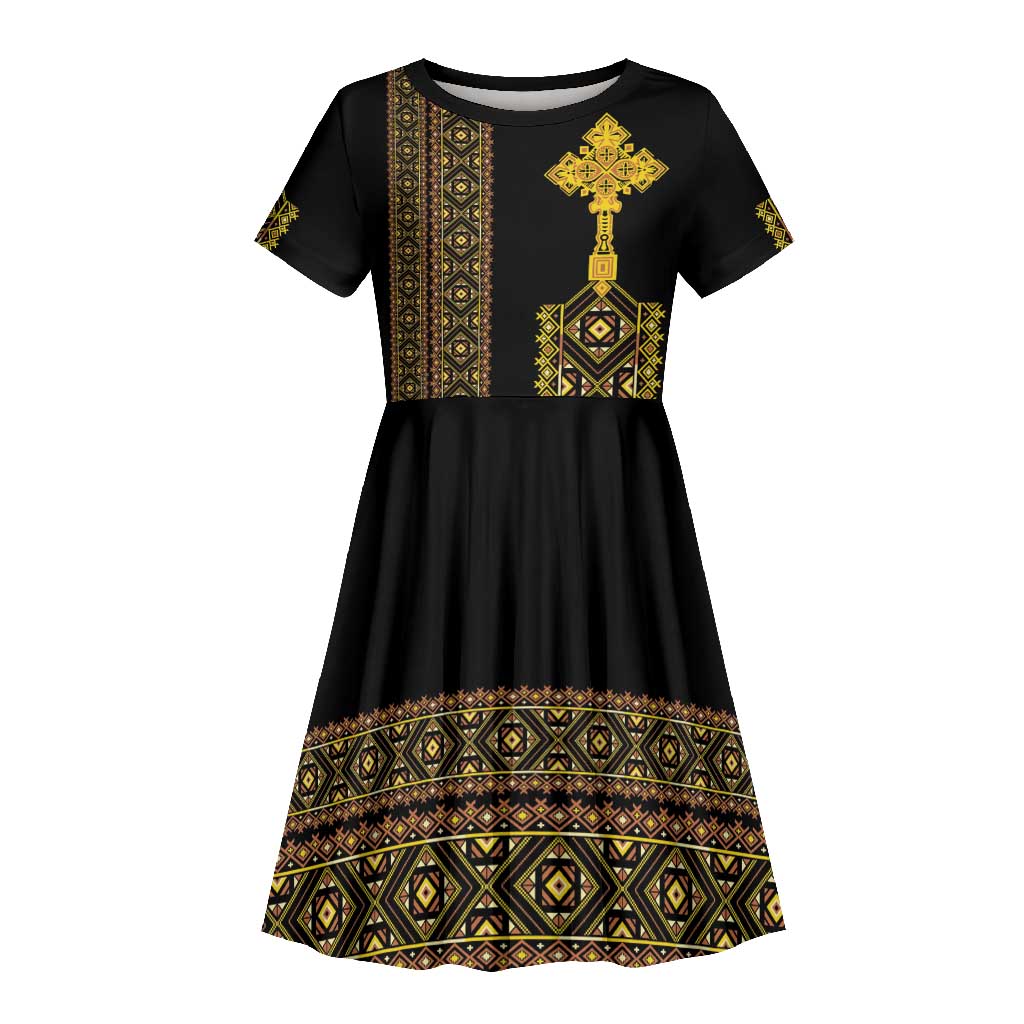 Habesha Motifs Ethiopia Kid Short Sleeve Dress Tilet Black Gold