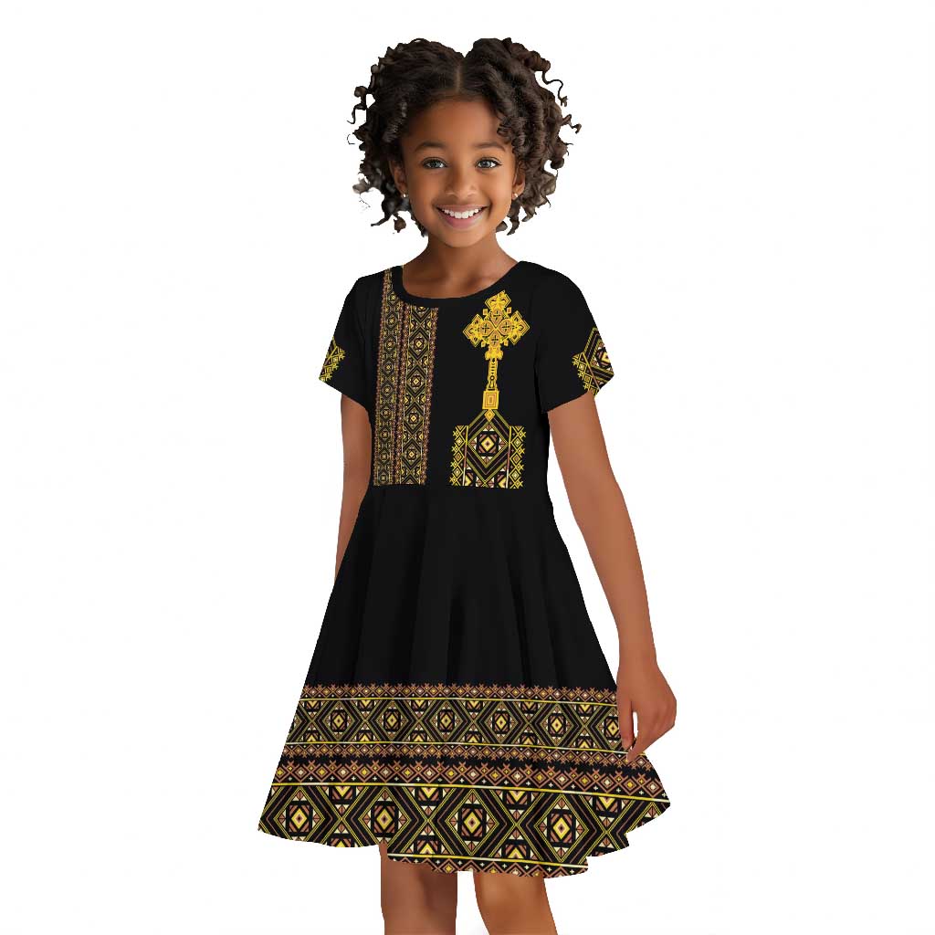 Habesha Motifs Ethiopia Kid Short Sleeve Dress Tilet Black Gold by AfricanPride Habesha Motifs Ethiopia Kid Short Sleeve Dress Tilet Black Gold by AfricanPride