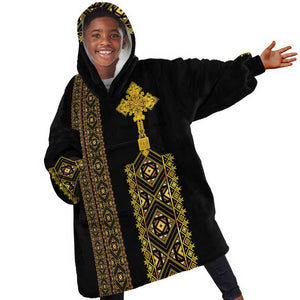 Habesha Motifs Ethiopia Kid Wearable Blanket Hoodie Tilet Black Gold