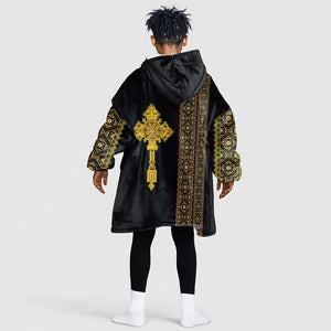 Habesha Motifs Ethiopia Kid Wearable Blanket Hoodie Tilet Black Gold