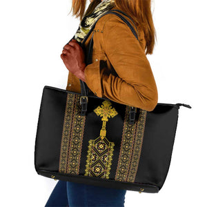 Habesha Motifs Ethiopia Leather Tote Bag Tilet Black Gold