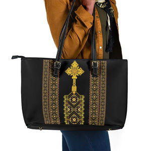 Habesha Motifs Ethiopia Leather Tote Bag Tilet Black Gold