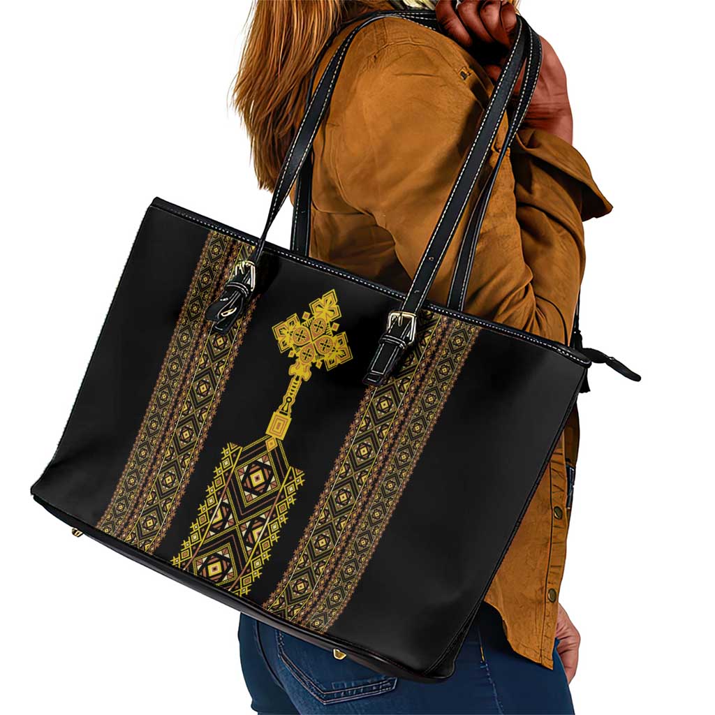 Habesha Motifs Ethiopia Leather Tote Bag Tilet Black Gold