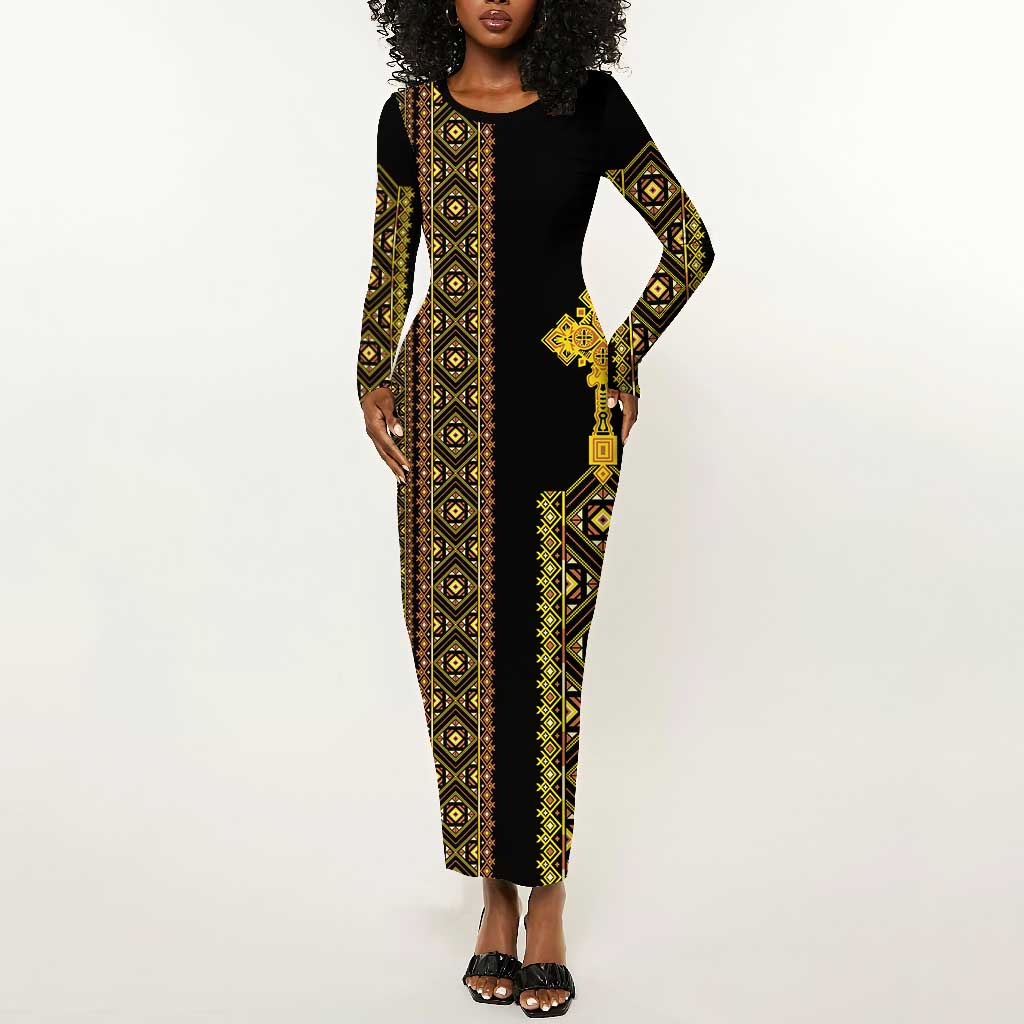 Habesha Motifs Ethiopia Long Sleeve Bodycon Dress Tilet Black Gold LT7