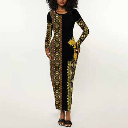 Habesha Motifs Ethiopia Long Sleeve Bodycon Dress Tilet Black Gold LT7