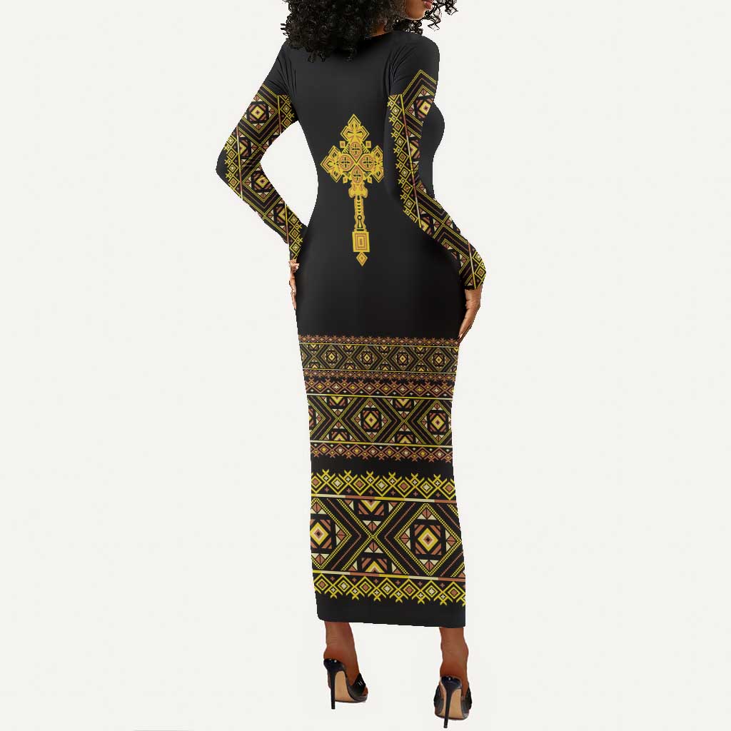 Habesha Motifs Ethiopia Long Sleeve Bodycon Dress Tilet Black Gold LT7