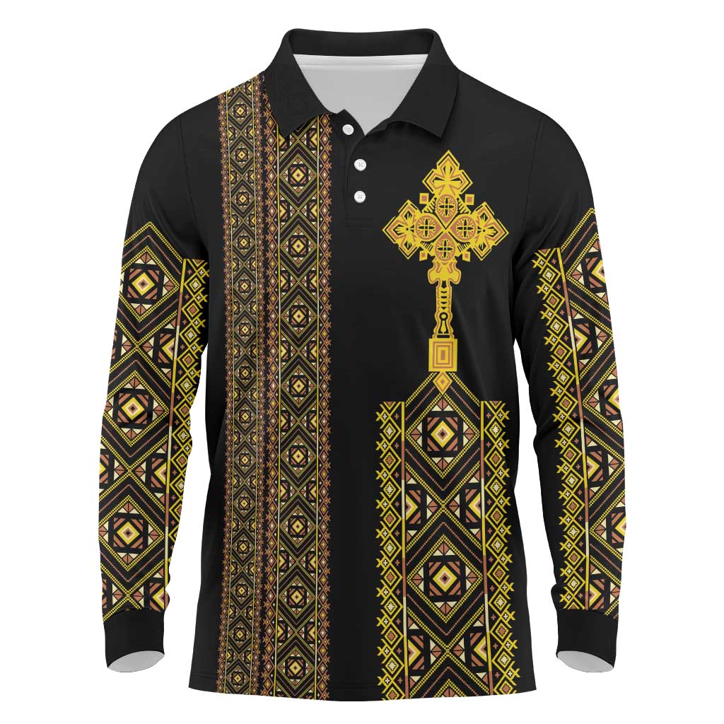 Habesha Motifs Ethiopia Long Sleeve Polo Shirt Tilet Black Gold