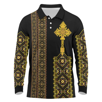 Habesha Motifs Ethiopia Long Sleeve Polo Shirt Tilet Black Gold