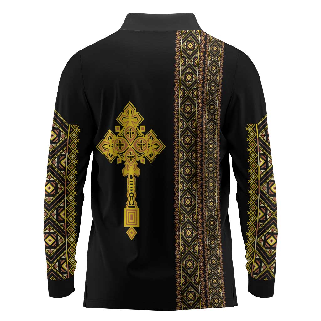 Habesha Motifs Ethiopia Long Sleeve Polo Shirt Tilet Black Gold