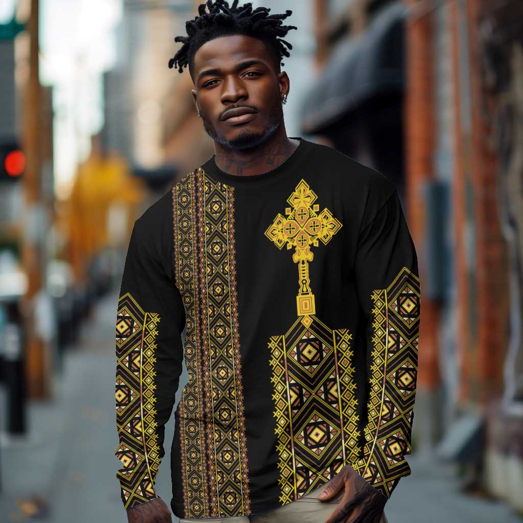 Habesha Motifs Ethiopia Long Sleeve Shirt Tilet Black Gold