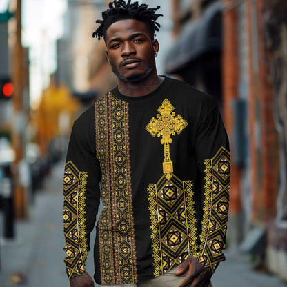Habesha Motifs Ethiopia Long Sleeve Shirt Tilet Black Gold