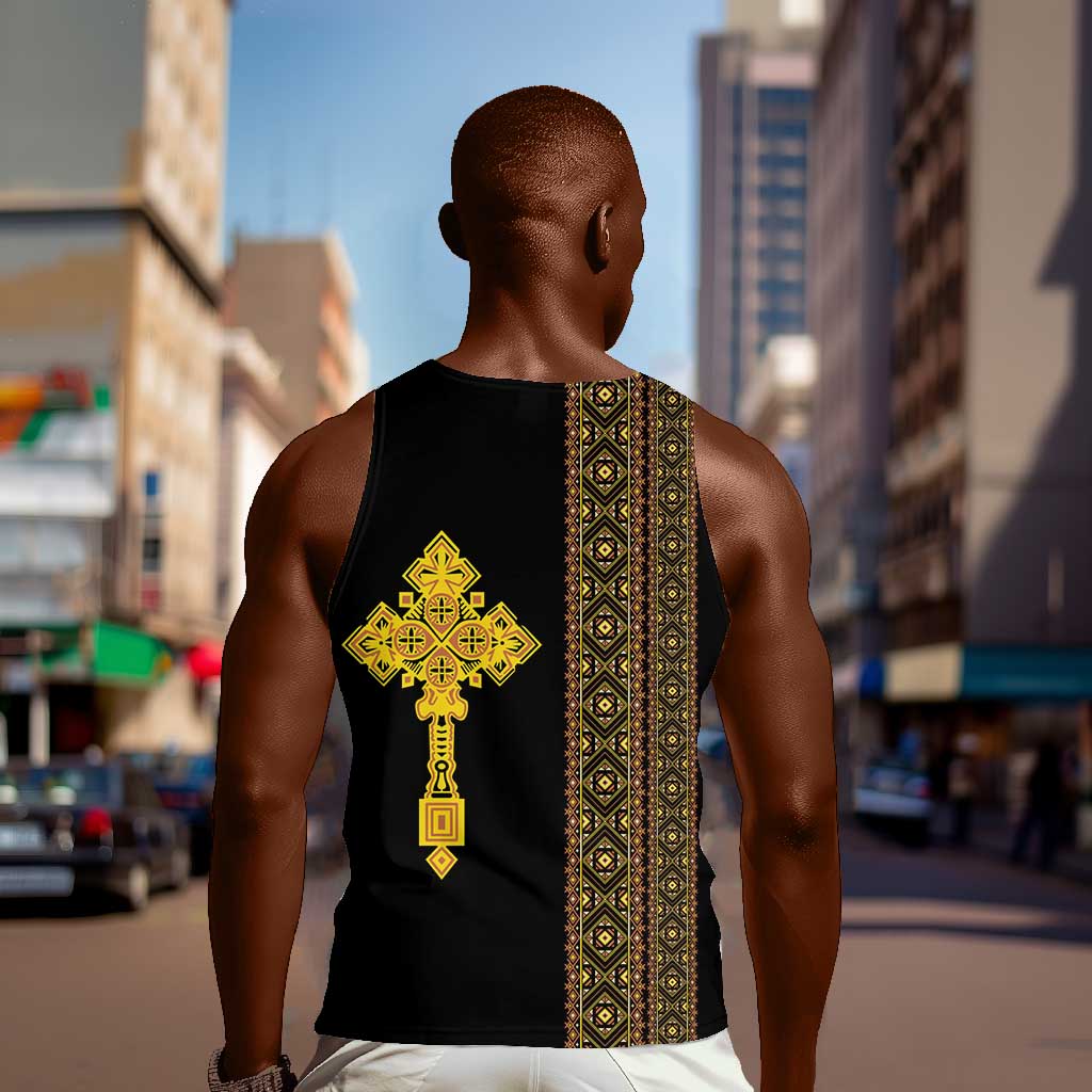 Habesha Motifs Ethiopia Men Tank Top Tilet Black Gold