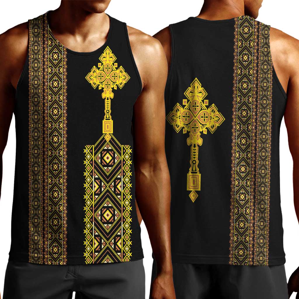 Habesha Motifs Ethiopia Men Tank Top Tilet Black Gold