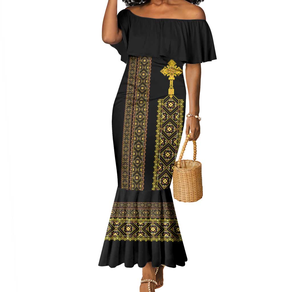 Habesha Motifs Ethiopia Mermaid Dress Tilet Black Gold