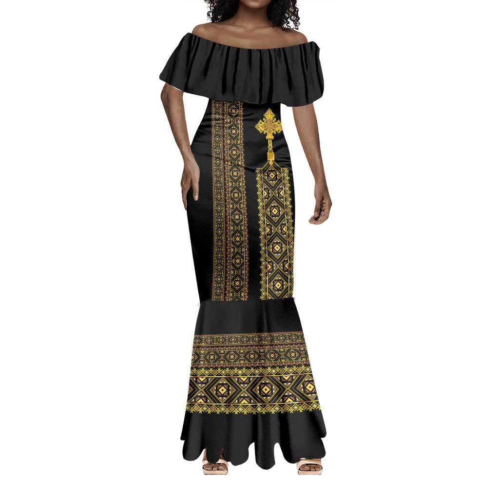 Habesha Motifs Ethiopia Mermaid Dress Tilet Black Gold