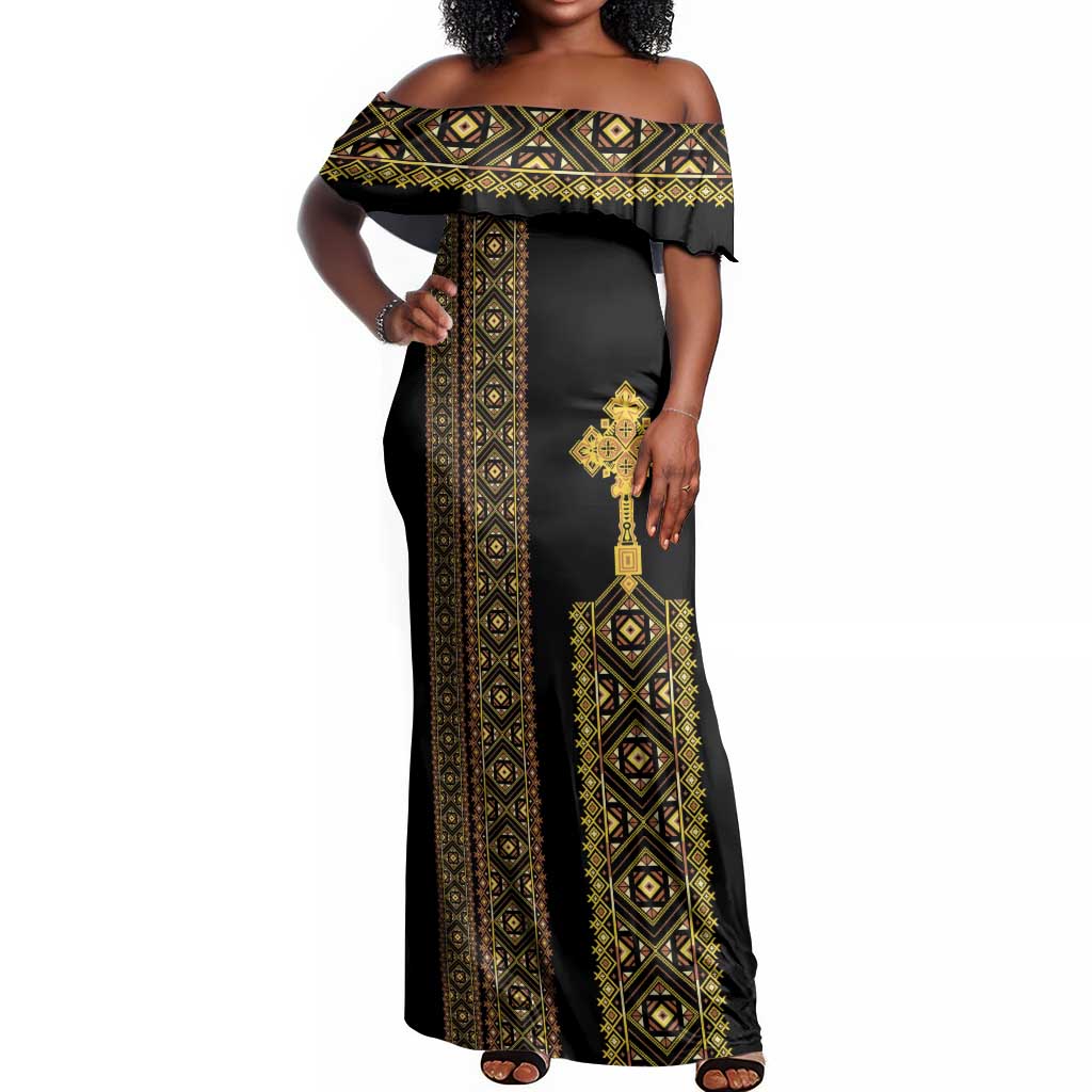 Habesha Motifs Ethiopia Off Shoulder Maxi Dress Tilet Black Gold