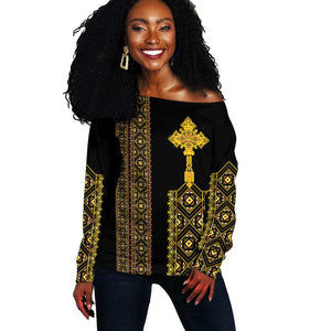 Habesha Motifs Ethiopia Off Shoulder Sweater Tilet Black Gold