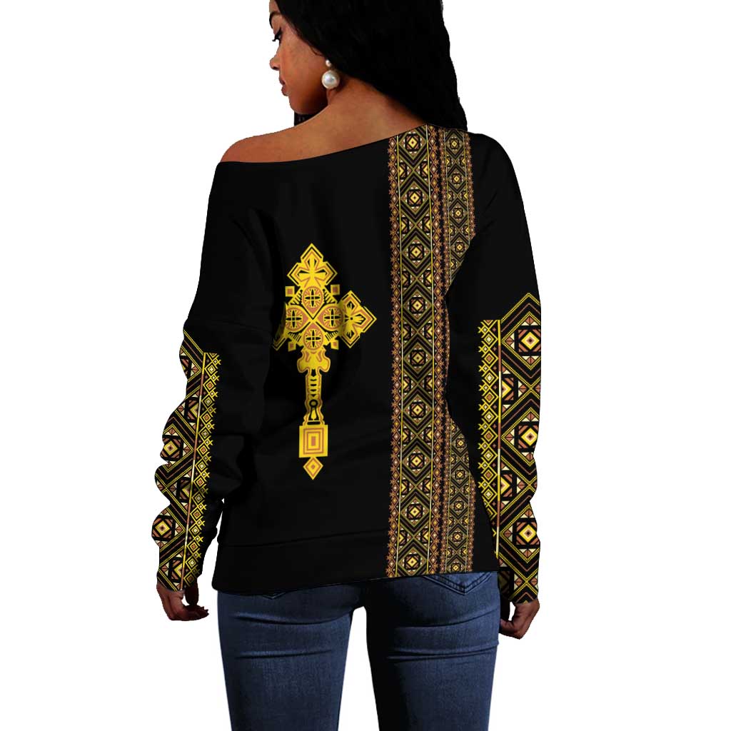 Habesha Motifs Ethiopia Off Shoulder Sweater Tilet Black Gold