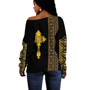 Habesha Motifs Ethiopia Off Shoulder Sweater Tilet Black Gold