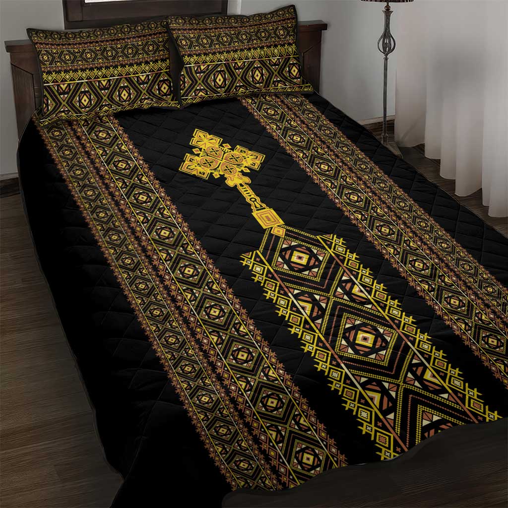 Habesha Motifs Ethiopia Quilt Bed Set Tilet Black Gold
