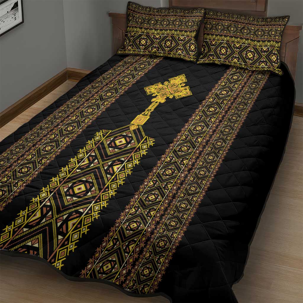 Habesha Motifs Ethiopia Quilt Bed Set Tilet Black Gold