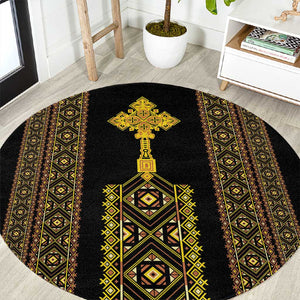 Habesha Motifs Ethiopia Round Carpet Tilet Black Gold