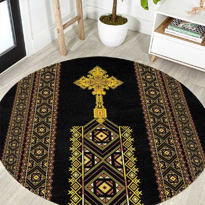 Habesha Motifs Ethiopia Round Carpet Tilet Black Gold