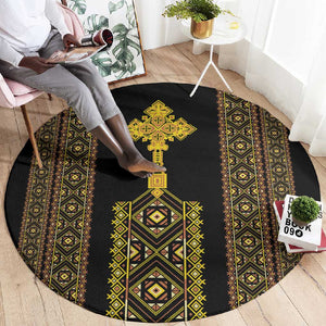 Habesha Motifs Ethiopia Round Carpet Tilet Black Gold