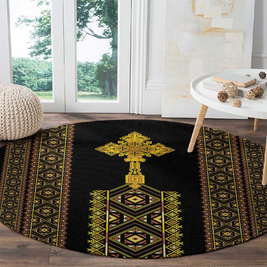 Habesha Motifs Ethiopia Round Carpet Tilet Black Gold