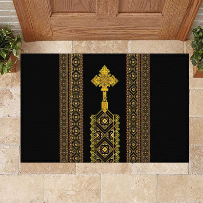 Habesha Motifs Ethiopia Rubber Doormat Tilet Black Gold
