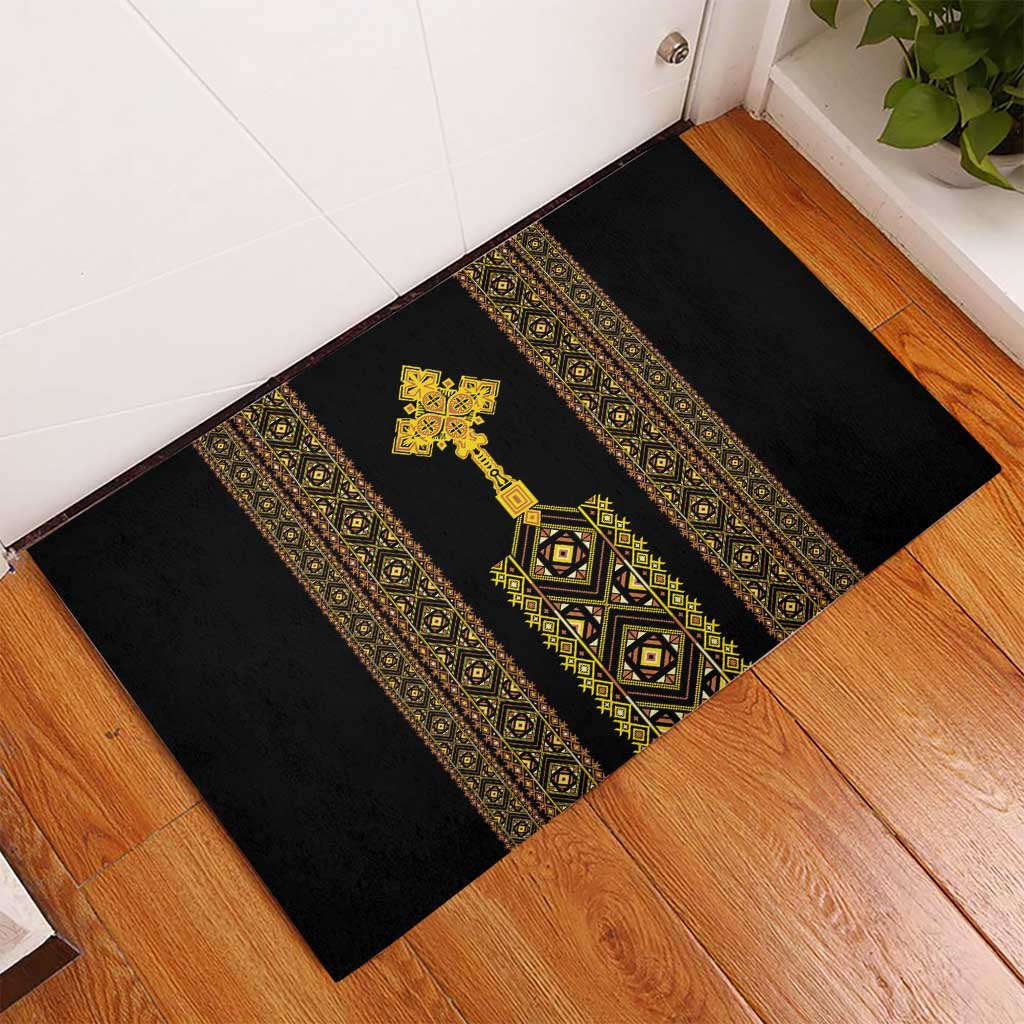 Habesha Motifs Ethiopia Rubber Doormat Tilet Black Gold