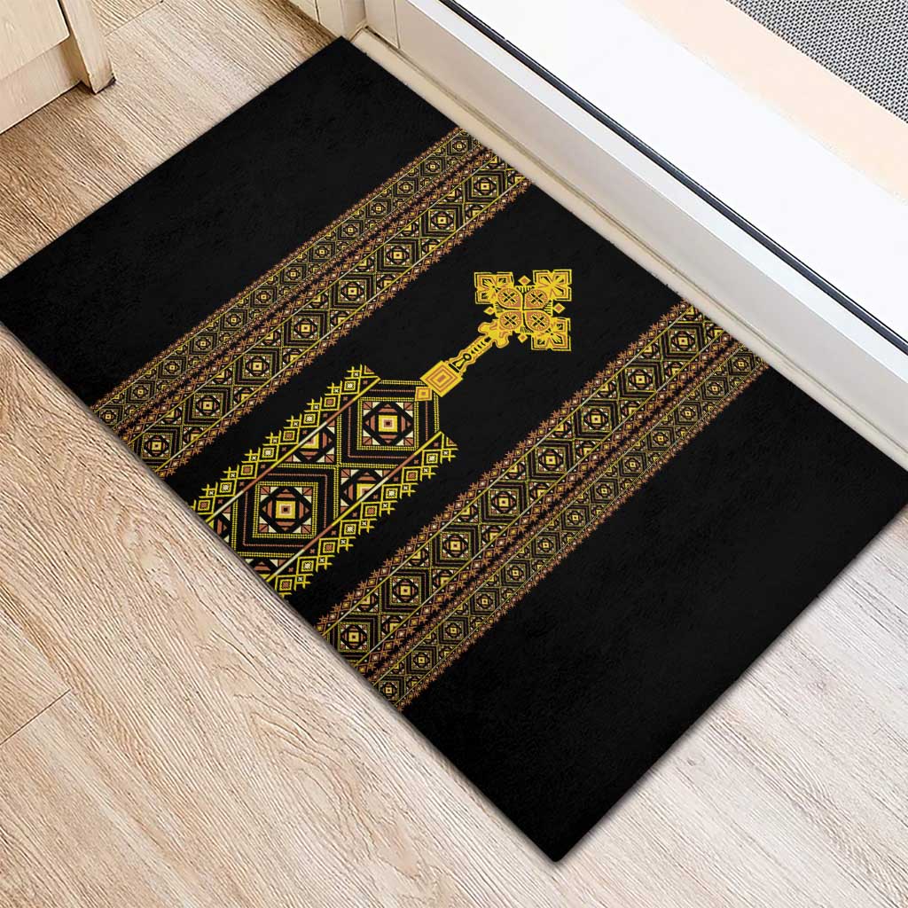Habesha Motifs Ethiopia Rubber Doormat Tilet Black Gold