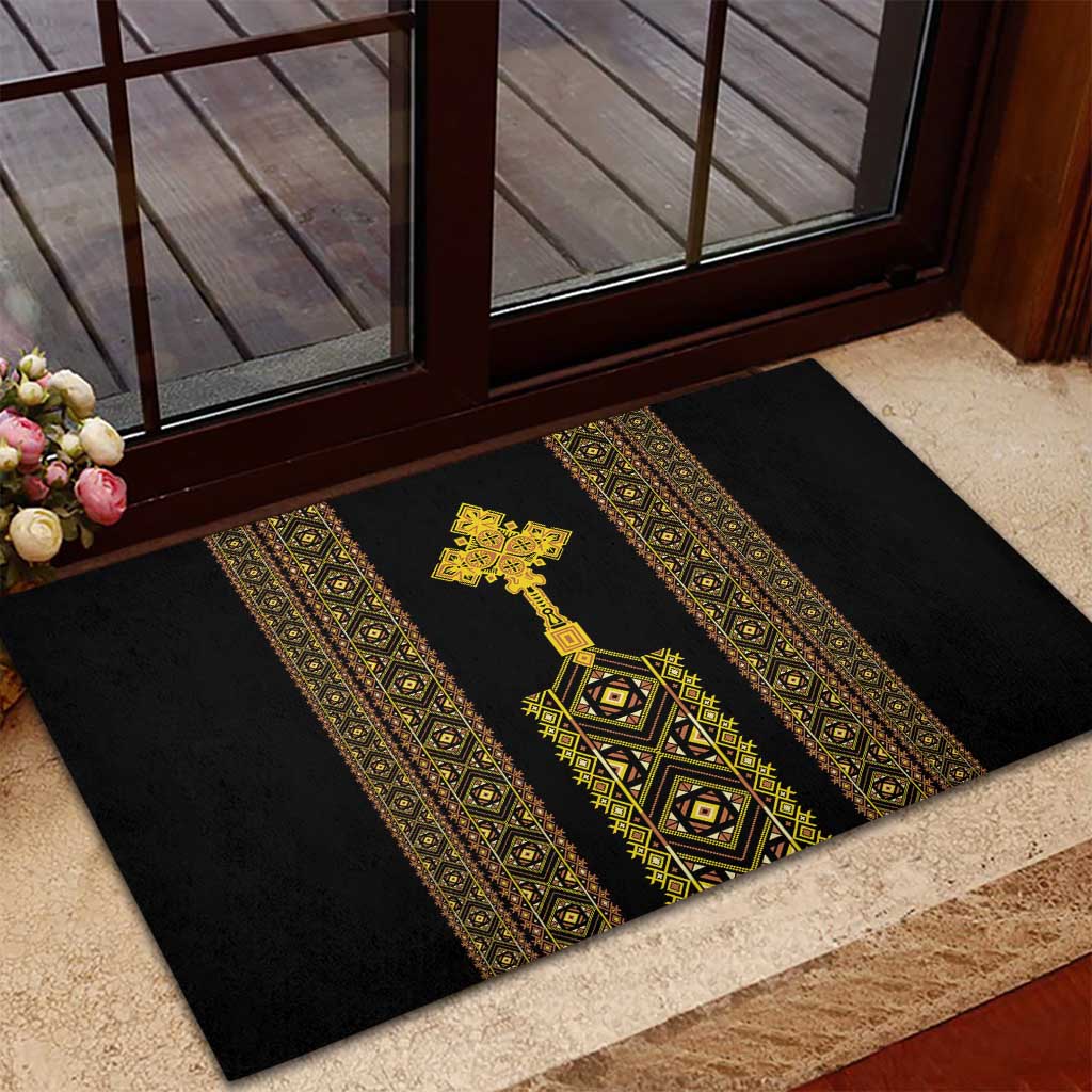 Habesha Motifs Ethiopia Rubber Doormat Tilet Black Gold