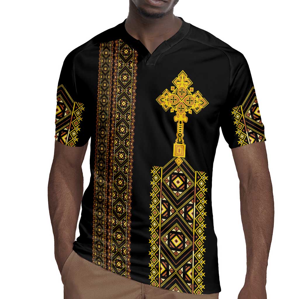 Habesha Motifs Ethiopia Rugby Jersey Tilet Black Gold