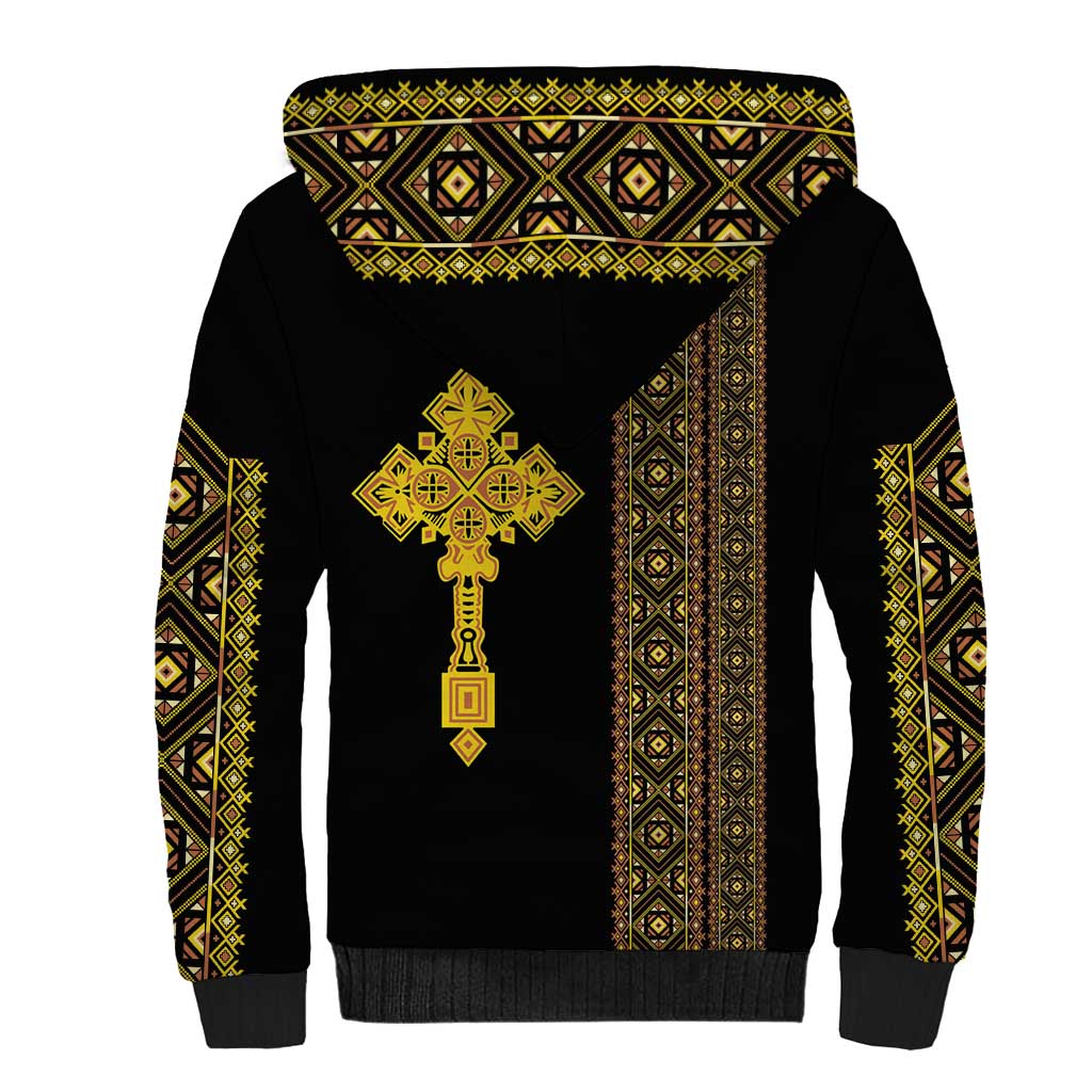 Habesha Motifs Ethiopia Sherpa Hoodie Tilet Black Gold