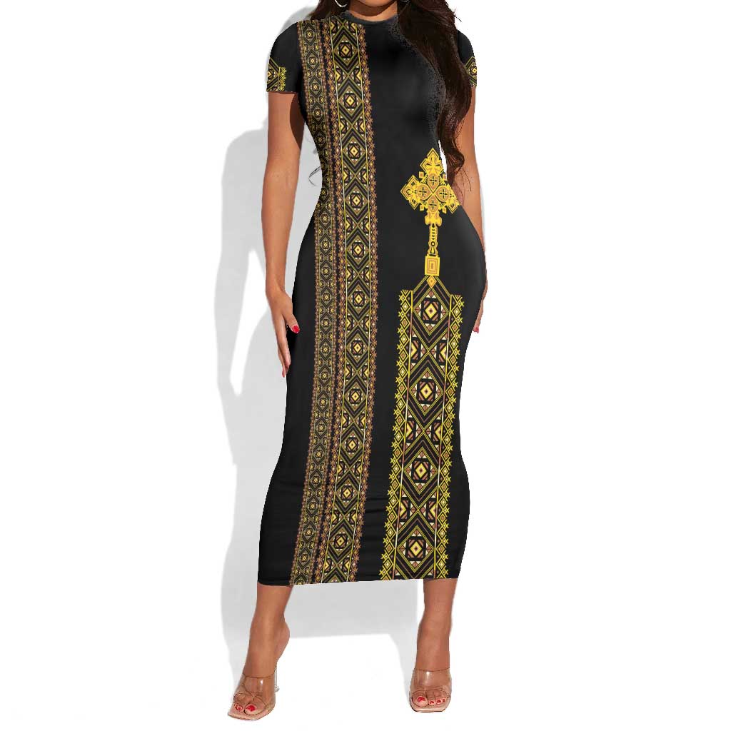 Habesha Motifs Ethiopia Short Sleeve Bodycon Dress Tilet Black Gold LT7