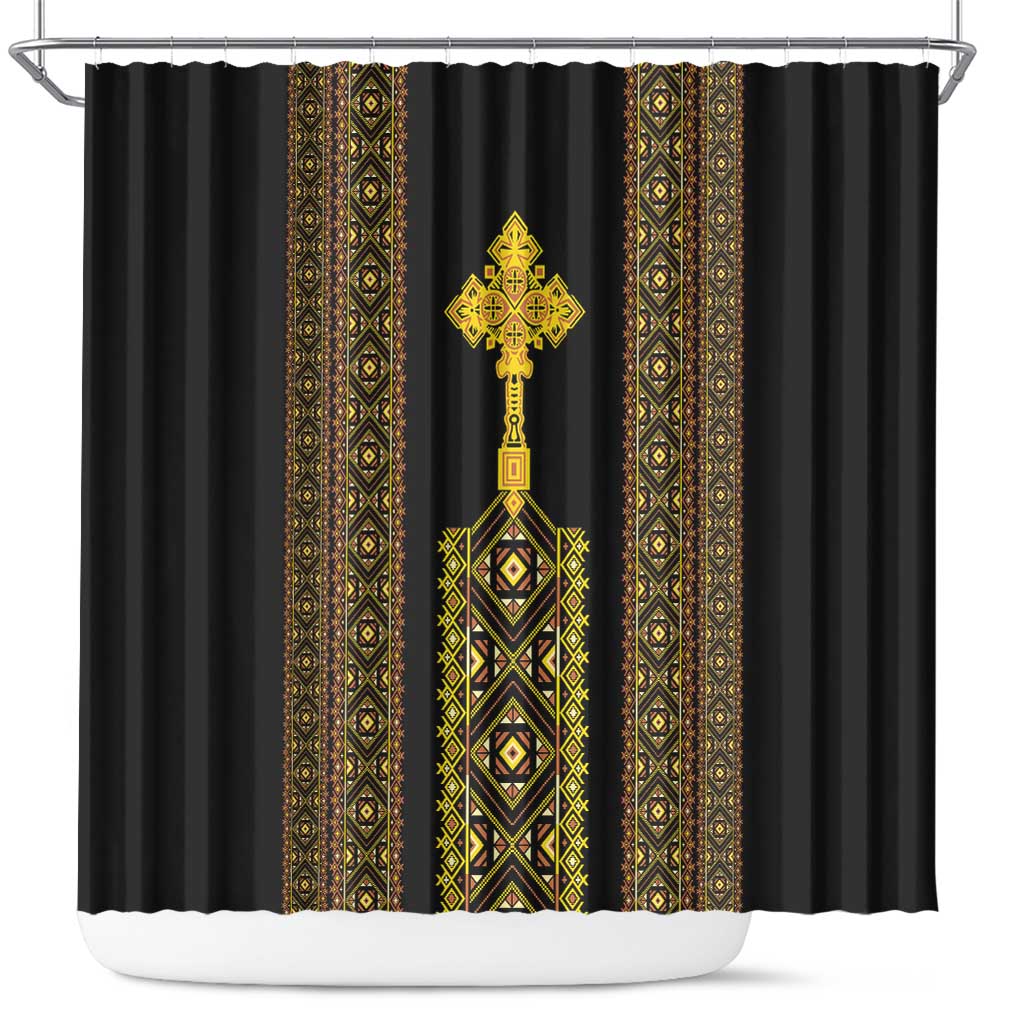 Habesha Motifs Ethiopia Shower Curtain Tilet Black Gold