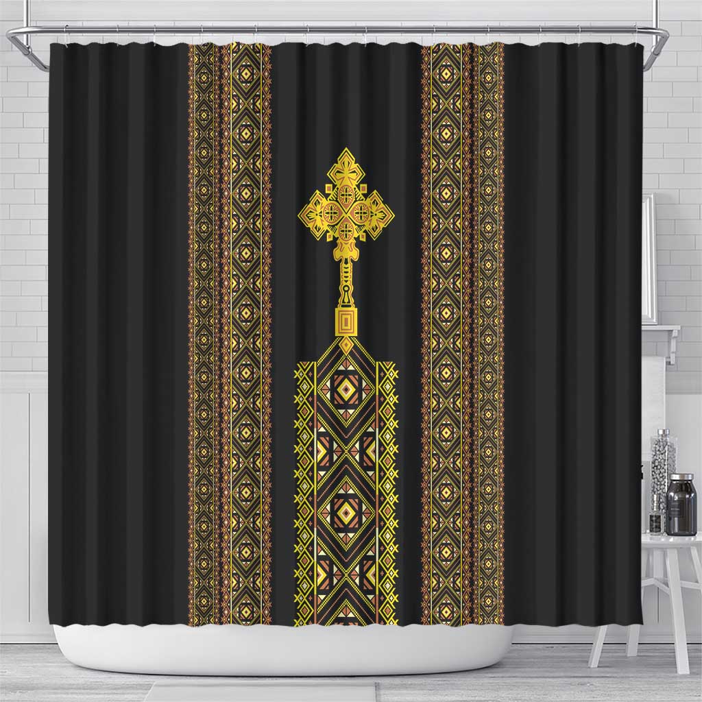 Habesha Motifs Ethiopia Shower Curtain Tilet Black Gold
